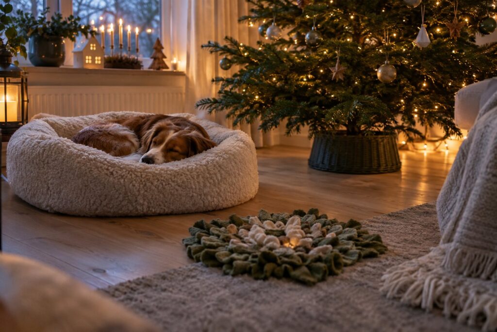 Hund ligger krøllet sammen i en ny hundeseng med høje kanter ved siden af et pyntet juletræ, med en snusemåtte på gulvet