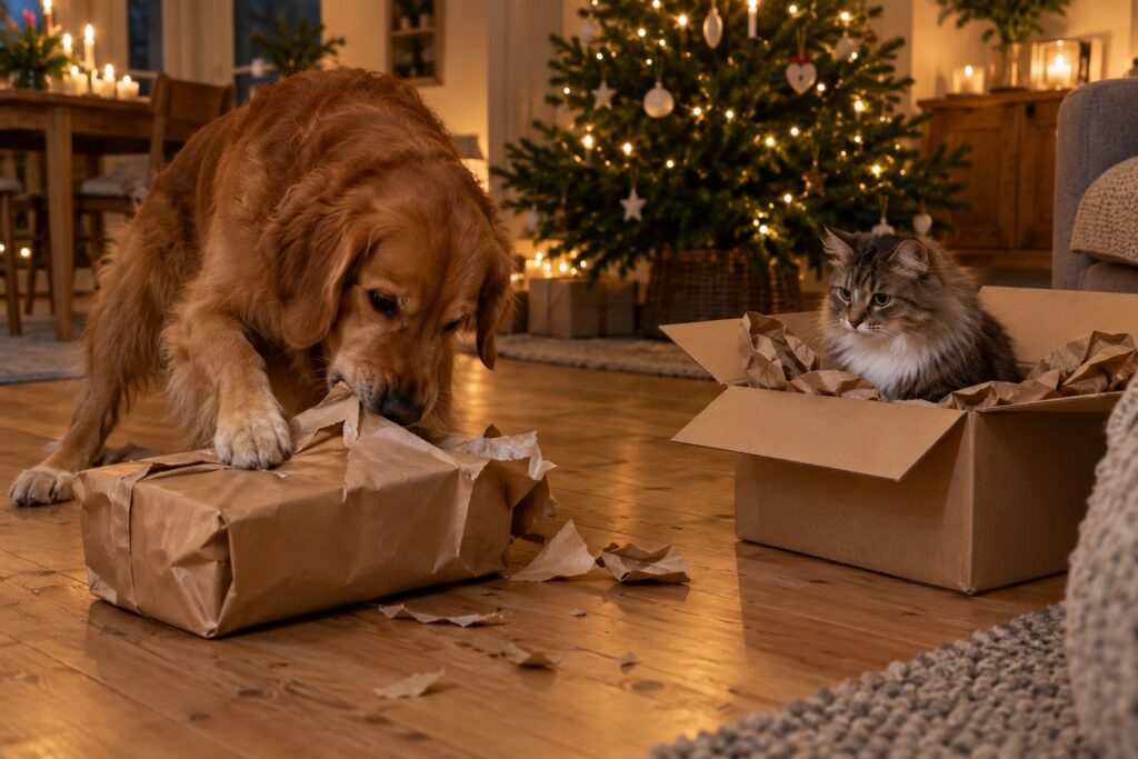 Hund åbner en pakke i brunt papir uden gavebånd på et trægulv, mens en kat sidder i en papkasse med krøllet papir