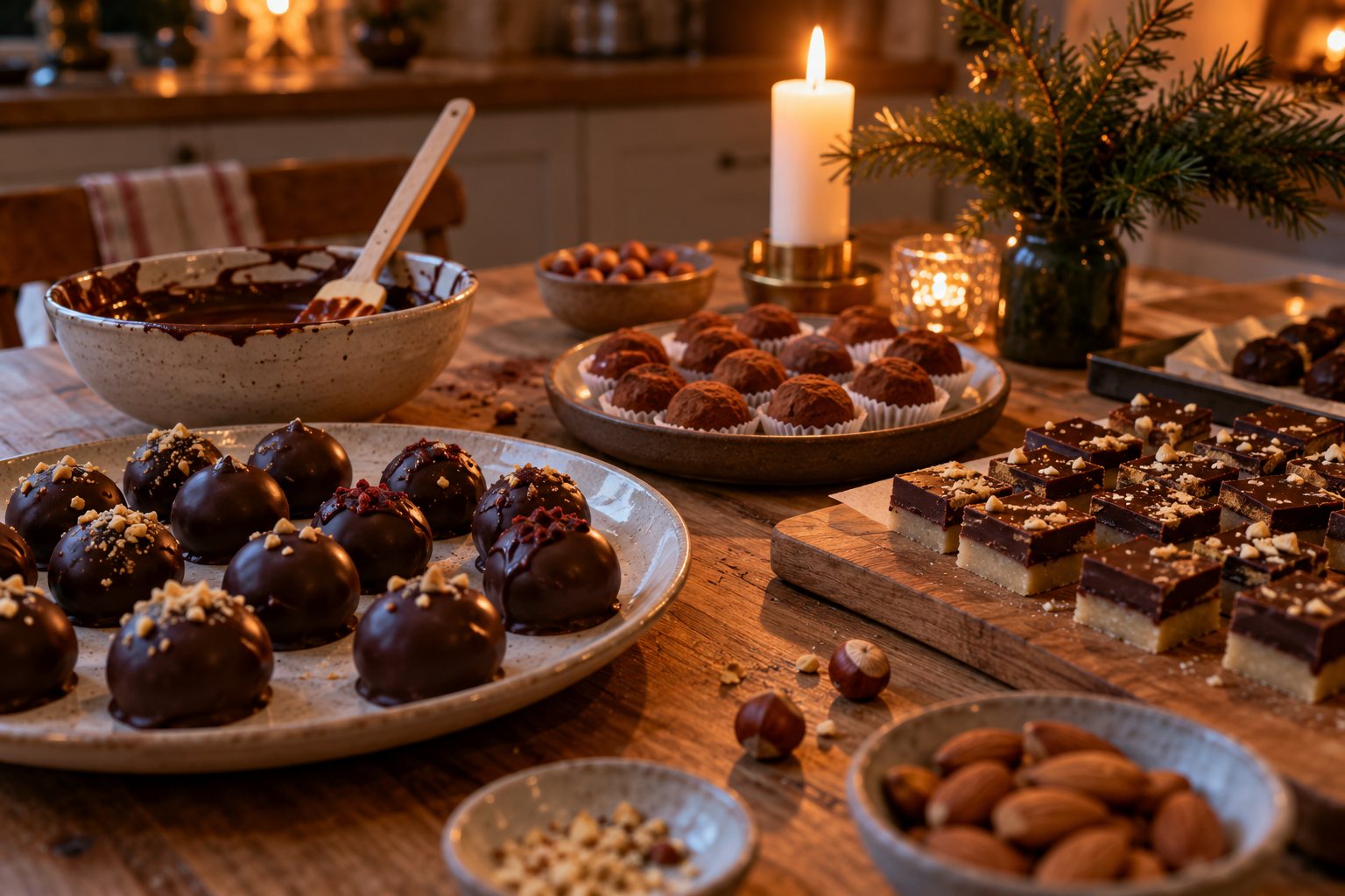Hjemmelavet julekonfekt med marcipankugler, nougatkonfekt og trøfler på et træbord i varmt juleaftenlys