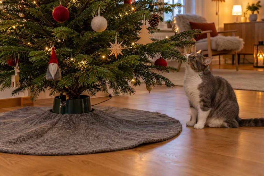 Juletræ i en tung fod dækket af et juletræstæppe med en nysgerrig kat siddende ved siden af i en hyggelig stue