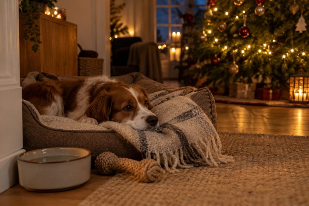 Hund der ligger roligt i sin seng i et stille hjørne af stuen med et pyntet juletræ i baggrunden