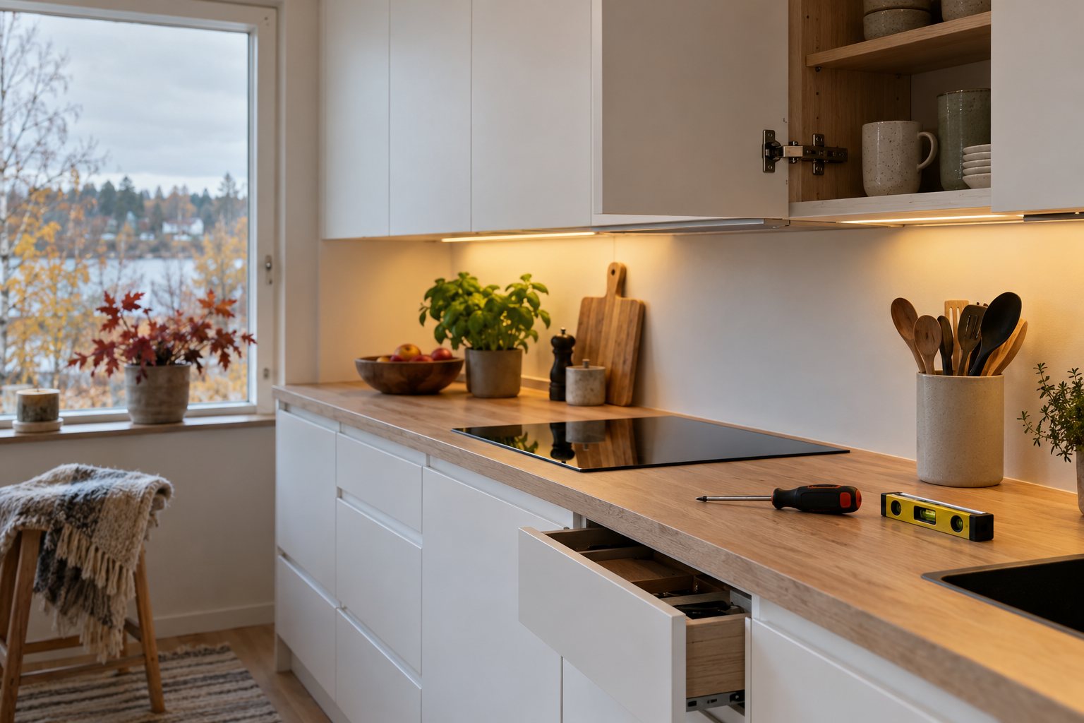 Køkken med hvide skabslåger, én åben låge med skjult hængsel og en skruetrækker og et vaterpas på bordpladen