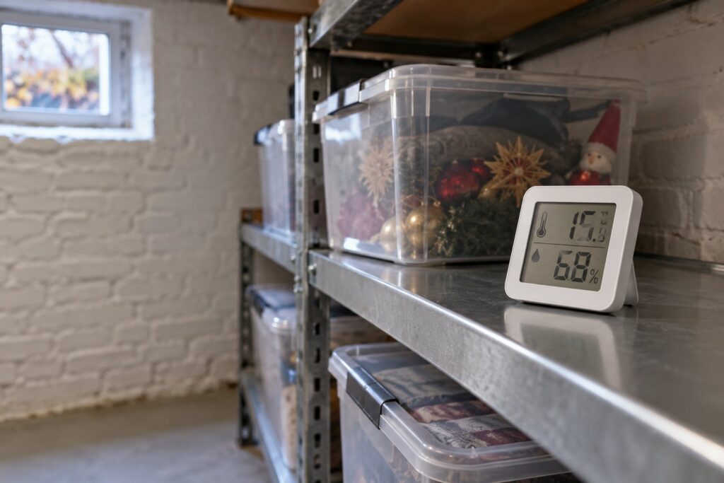Digitalt termo-hygrometer på en hylde i en kælder med hvidkalkede vægge og plastkasser på en reol i baggrunden