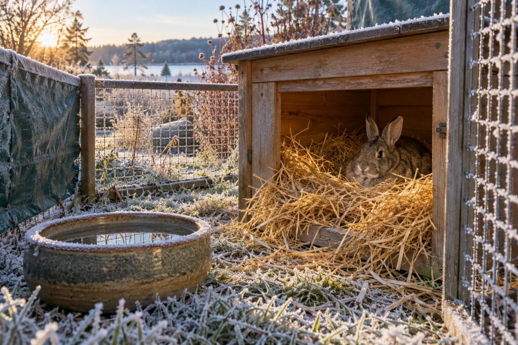 Kaninhus af træ fyldt med frisk halm og en stor vandskål i en løbegård med frost på græsset
