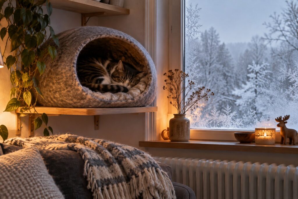 Kat ligger krøllet sammen i en lun kattehule på en hylde ved et vindue med frost på ruden
