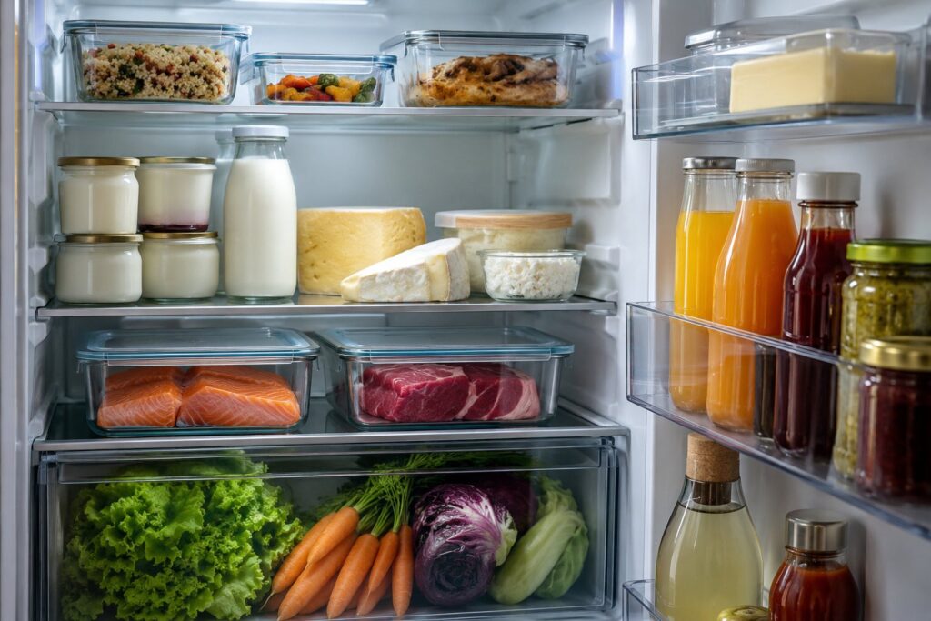 Åbent køleskab med rester i glasbokse øverst, mælkeprodukter i midten, kød i en lukket beholder nederst og grønt i skuffen