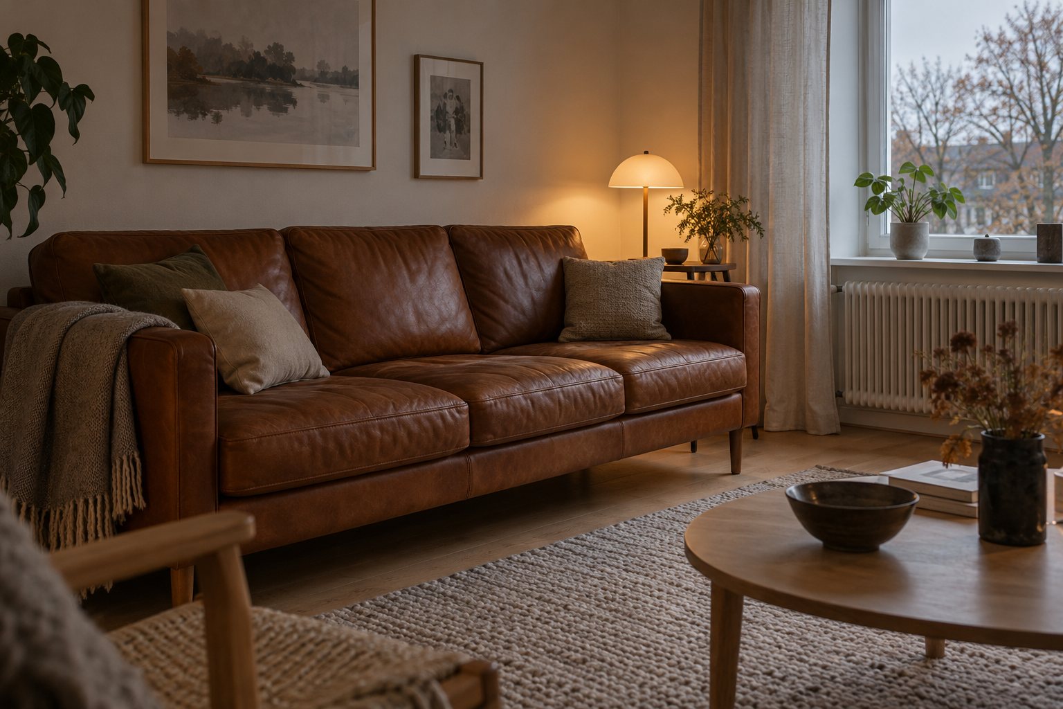 Cognacfarvet lædersofa med patina og et uldplaid over armlænet i en lys skandinavisk stue en efterårsdag