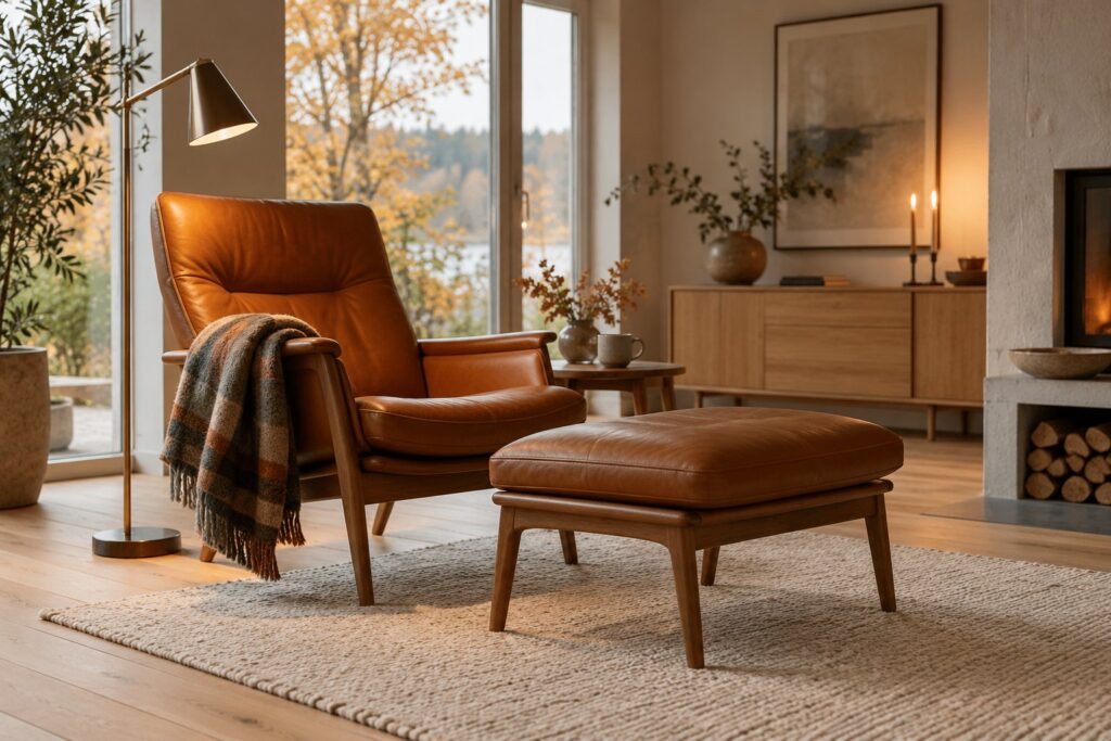 Loungestol i cognacfarvet læder med en matchende skammel foran og et plaid på armlænet i en stue med gulvlampe