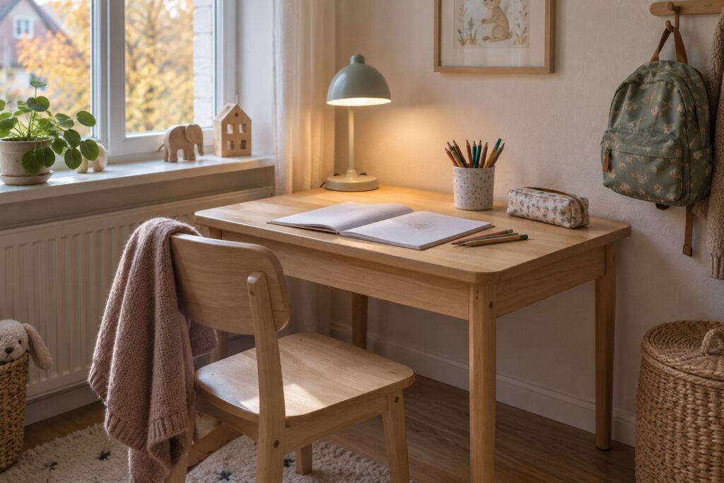 Lyst skrivebord i børnehøjde ved et vindue med en skrivebordslampe, en åben skolebog og et penalhus på en efterårseftermiddag