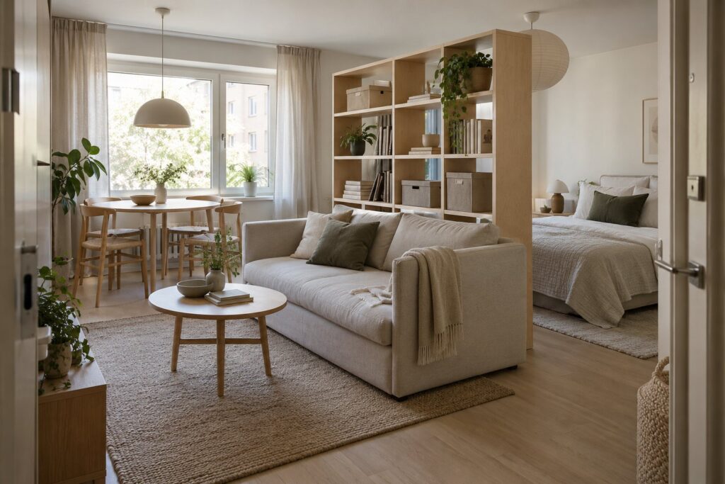 Lille etværelseslejlighed med sovesofa, rundt spisebord og en åben reol, der adskiller sovepladsen