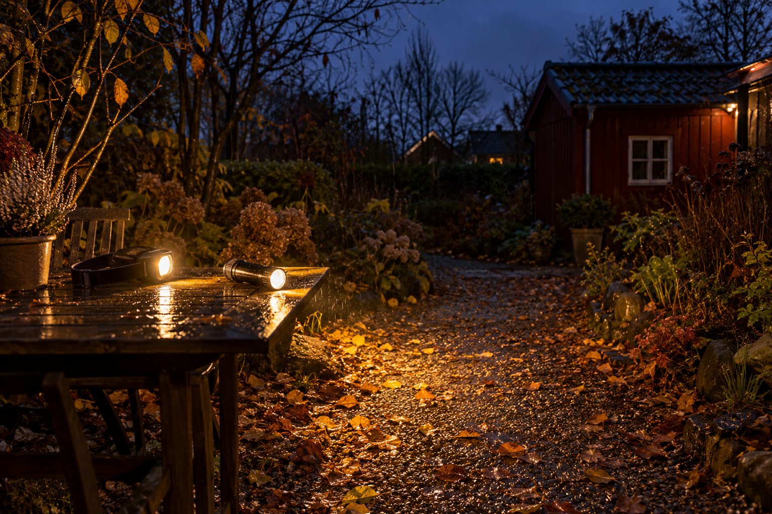 Lygtekegle over en våd grussti med efterårsblade i en have i skumringen