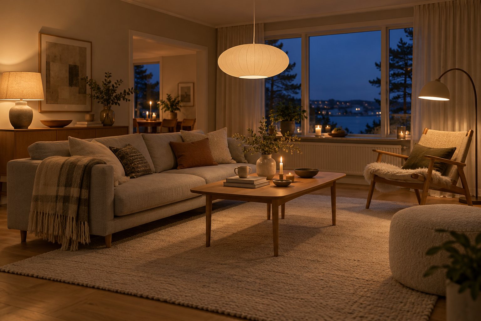 Hyggelig stue om aftenen med lys fra gulvlampe, bordlampe og pendel