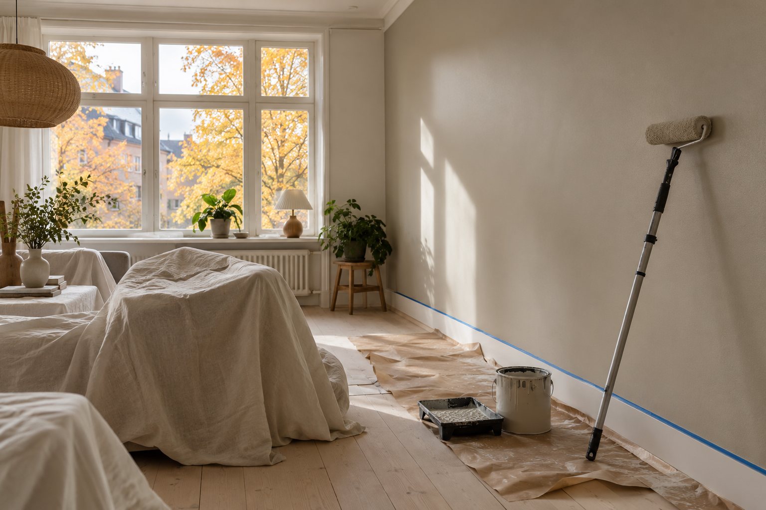 Lys dansk stue under maling med en nymalet væg, en malerrulle på teleskopskaft, en malerbakke på afdækningspap og efterårstræer uden for vinduet