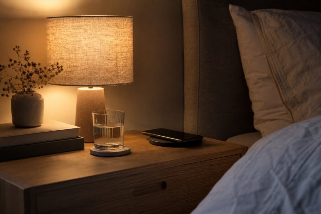 Natbord med bordlampe, bøger, et glas vand og en telefon på en trådløs lader på pladen en mørk aften