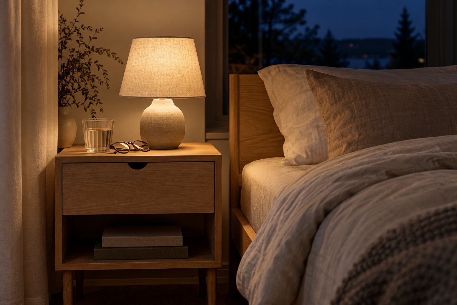 Natbord i lyst egetræ med skuffe, bøger og en tændt bordlampe ved en seng med hørsengetøj en mørk efterårsaften