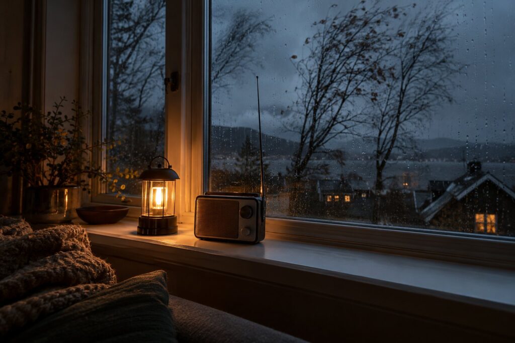 Lille batteriradio med udtrukket antenne i en vindueskarm en stormfuld efterårsaften, oplyst af en lanterne