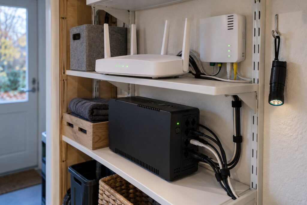 Lille UPS på en hylde ved siden af en router og en fiberboks i et bryggers
