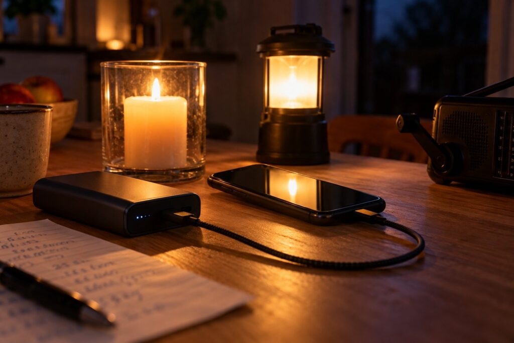 Mobiltelefon tilsluttet en powerbank på et køkkenbord i stearinlysets skær under en strømafbrydelse