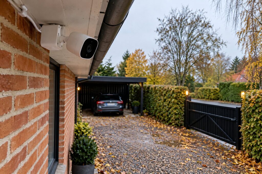 Hvidt udendørs overvågningskamera under tagudhænget på et dansk murstenshus, rettet ned mod indkørslen