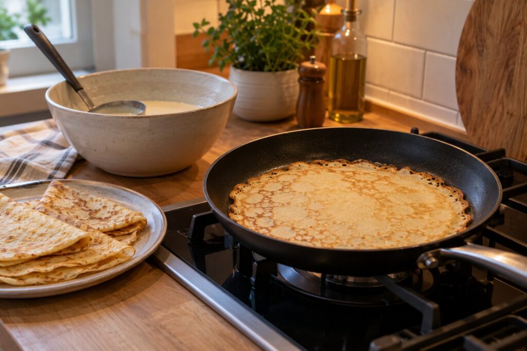 Tynd pandekage med gyldne kanter på en pande på komfuret, med en skål dej og en øse ved siden af