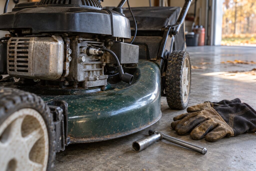 Benzinplæneklipper på et garagegulv med tændrørshætten trukket af og et par arbejdshandsker ved siden af