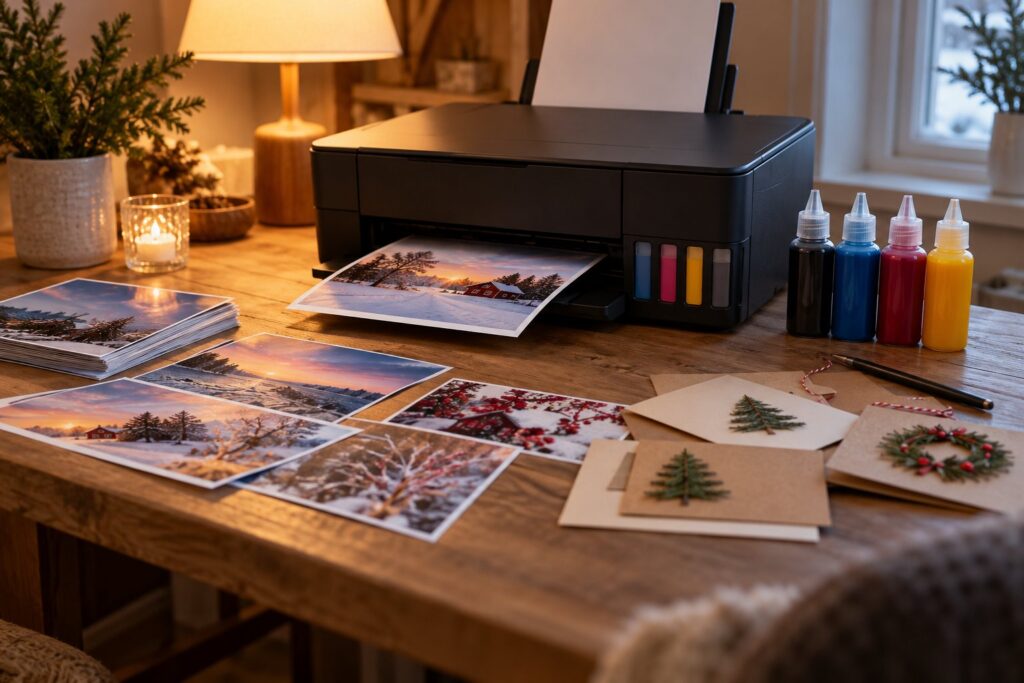 Blæktankprinter med fire blækflasker ved siden af og nyprintede fotos og julekort på et skrivebord