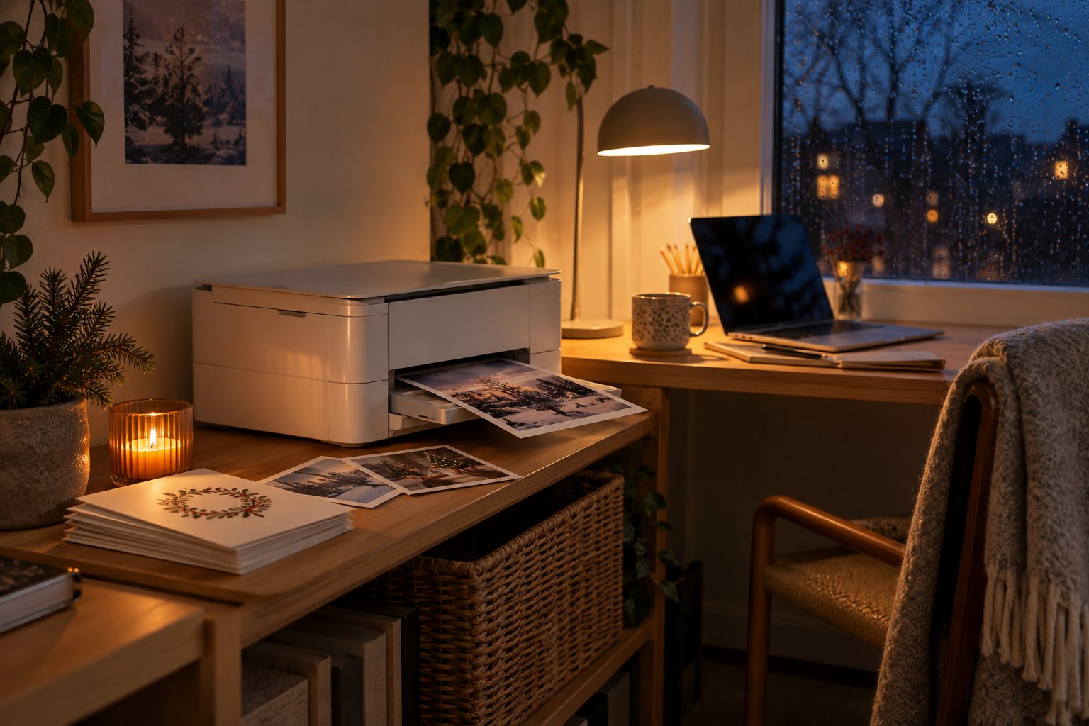 Kompakt printer på en hylde ved et skrivebord i et hjemmekontor en mørk efterårsaften med printede fotos og kort