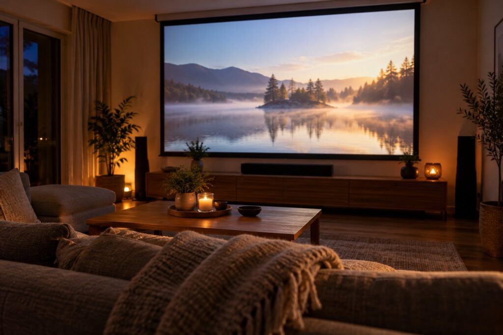 Stort lærred på væggen i en mørk stue med en film i gang, set fra sofaen med en plaid og et sofabord i forgrunden