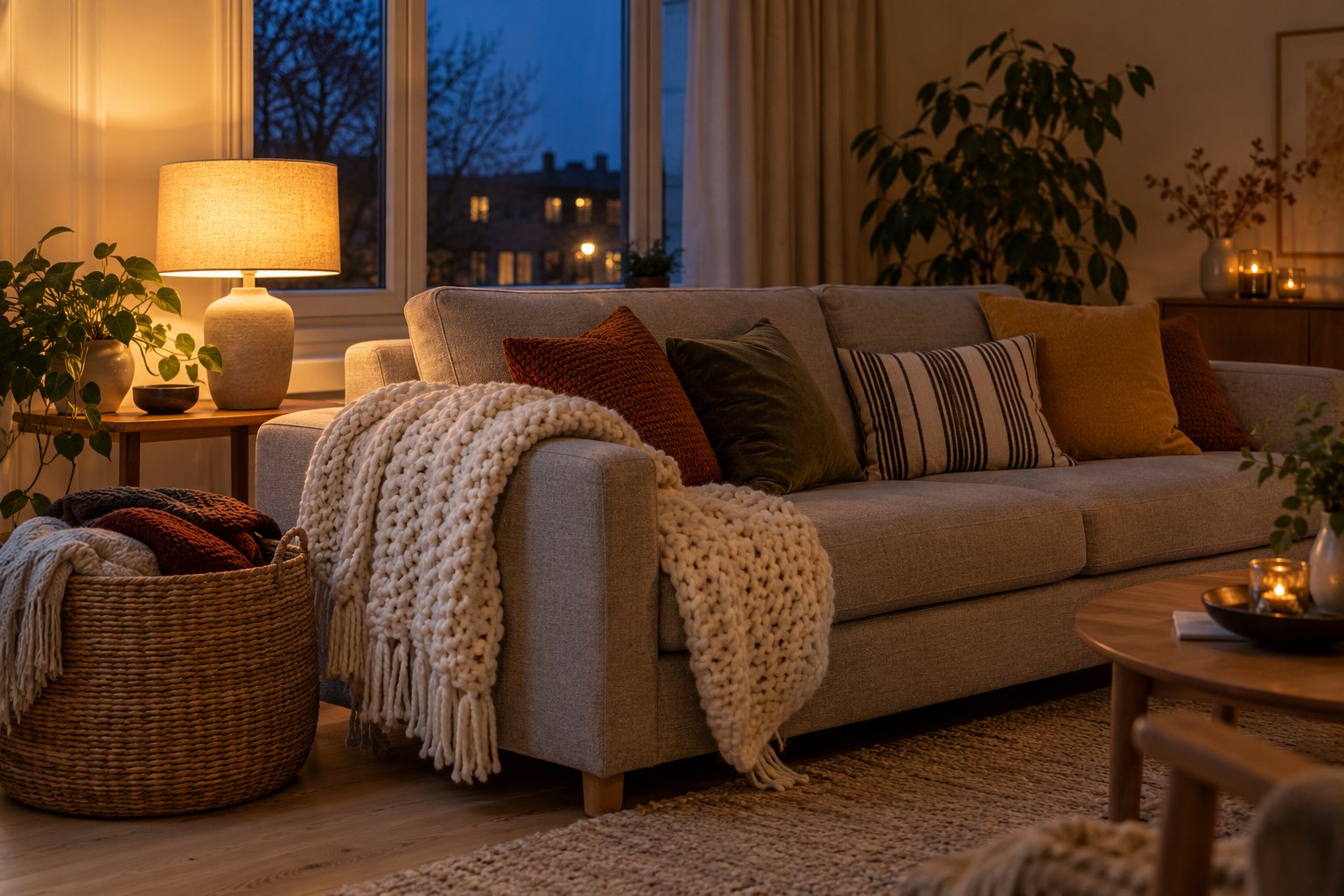 Lys grå sofa med puder i rust, oliven og okker og en grovstrikket plaid over armlænet en mørk efterårsaften