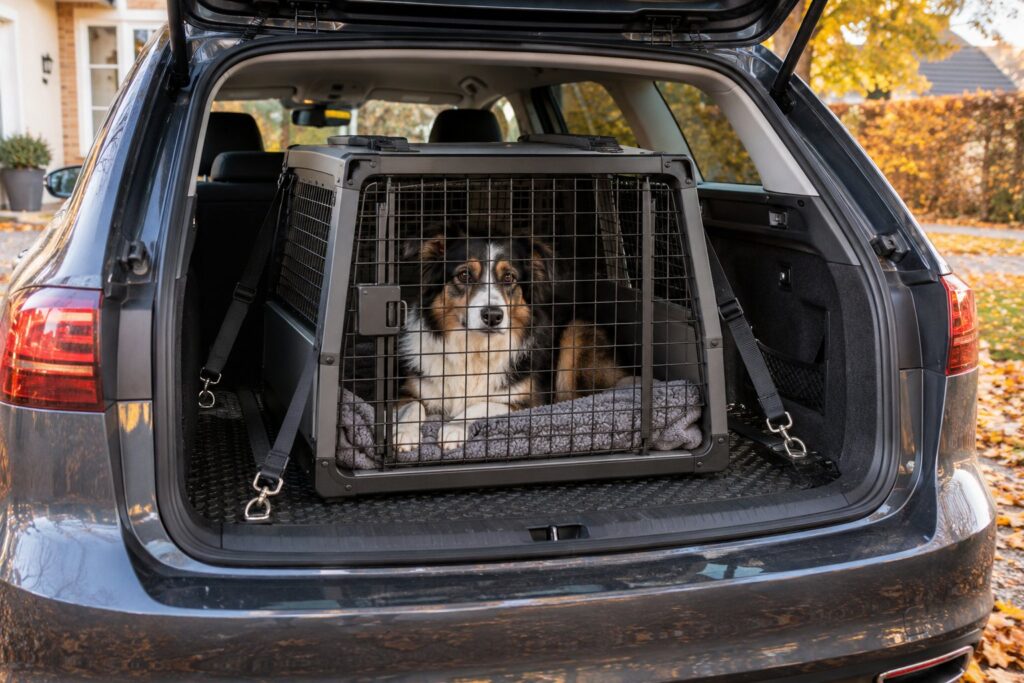 Mellemstor hund ligger roligt i et fastspændt transportbur i bagagerummet på en stationcar