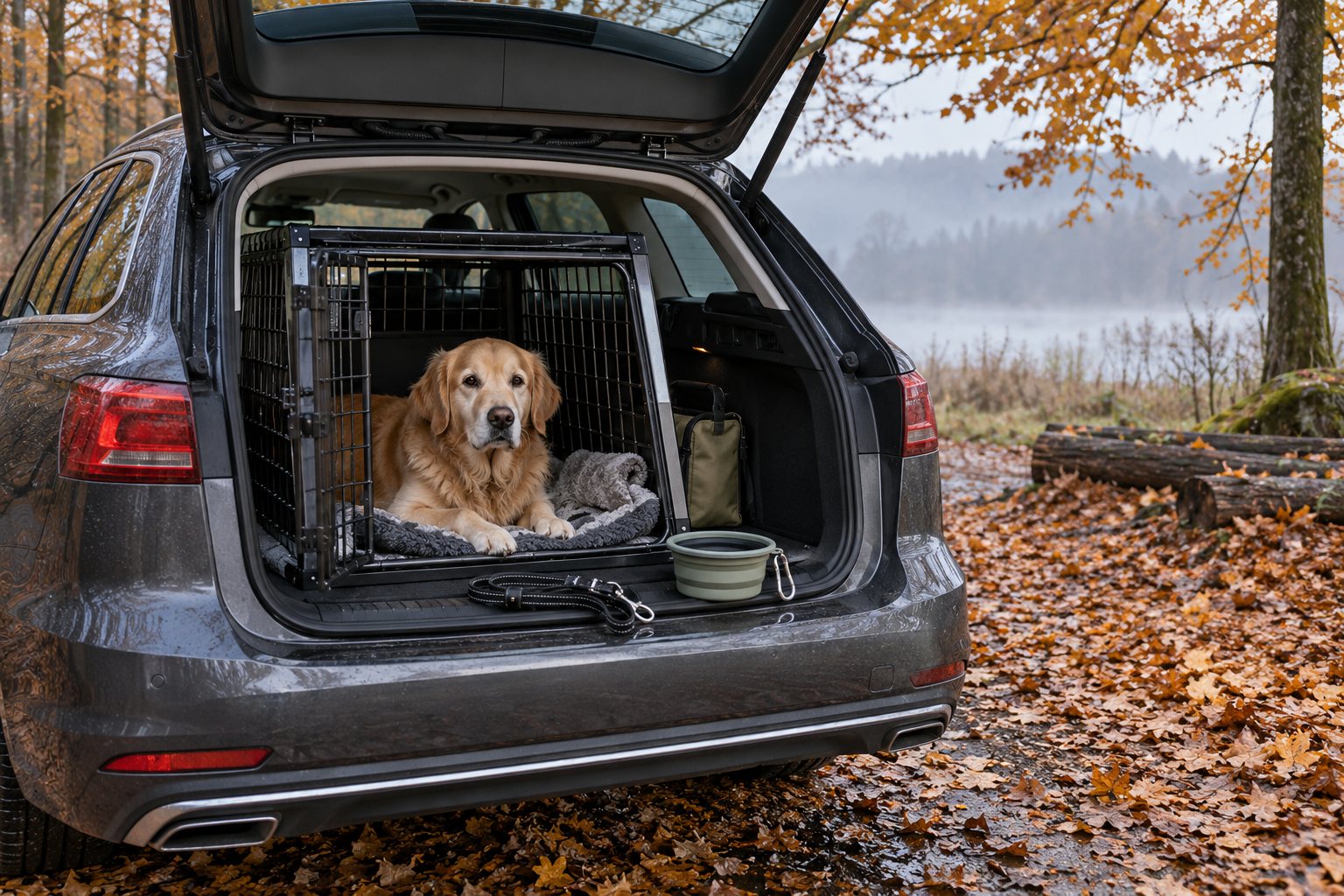 Hund ligger roligt i et transportbur i bagagerummet på en stationcar ved en skov en tåget efterårsmorgen