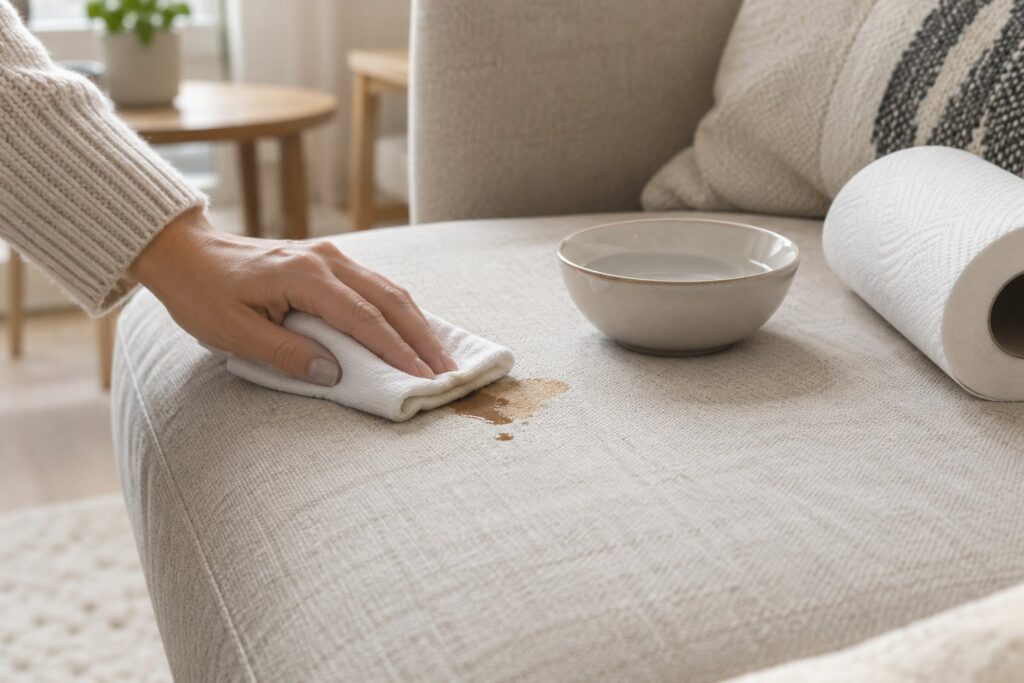 Hånd, der dupper en kaffeplet på en lys stofsofa med en hvid klud, med en skål vand ved siden af