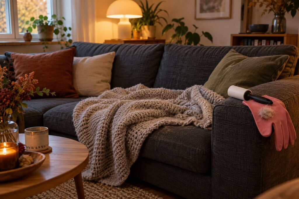 Grå stofsofa med en vaskbar plaid på hundens faste plads og en gummihandske og fnugrulle på armlænet