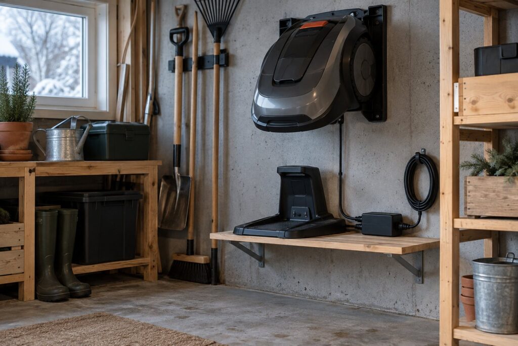 Robotplæneklipper på et vægbeslag i en ryddelig, tør garage med ladestationen stående på en hylde under den