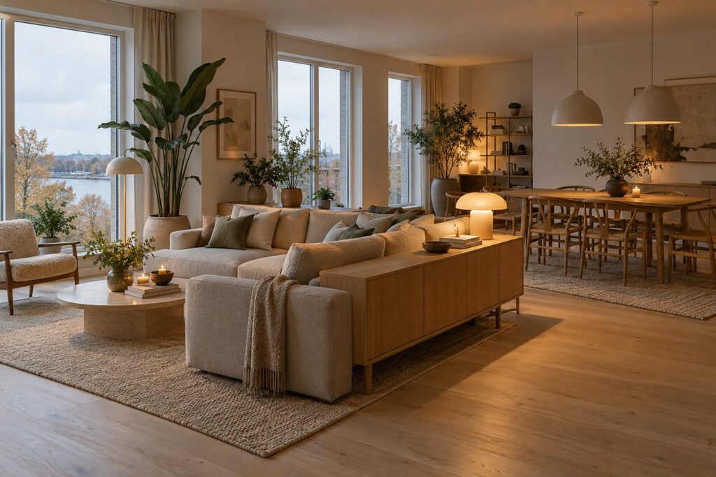 Åben stue delt af en sofa med ryggen mod spisebordet, et lavt sideboard bag sofaen og høje planter ved vinduet