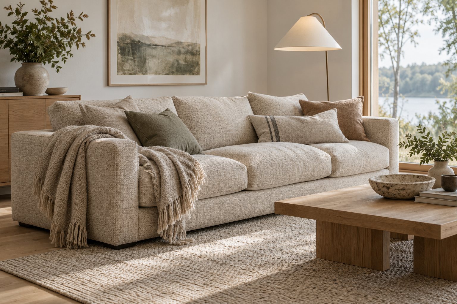Lysegrå sofa med chaiselong, plaid og puder i en lys stue en efterårsaften med lampelys