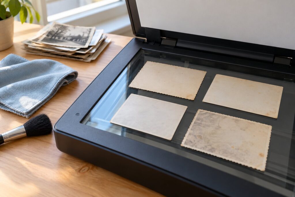 Gamle papirbilleder lagt med mellemrum på glaspladen i en åben flatbedscanner på et skrivebord