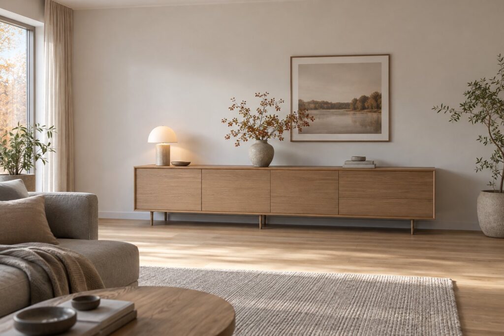 Lavt sideboard i lyst træ langs en lang stuevæg med bordlampe, keramikvase og et indrammet billede over