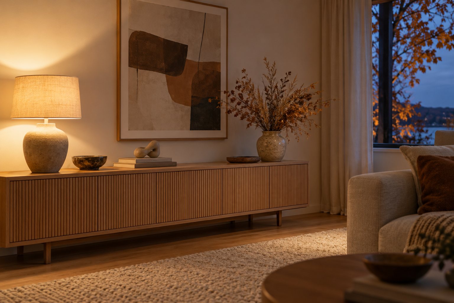 Langt sideboard i egetræ langs en lys stuevæg med tændt bordlampe, billede, bøger og en vase med tørrede græsser en efterårsaften