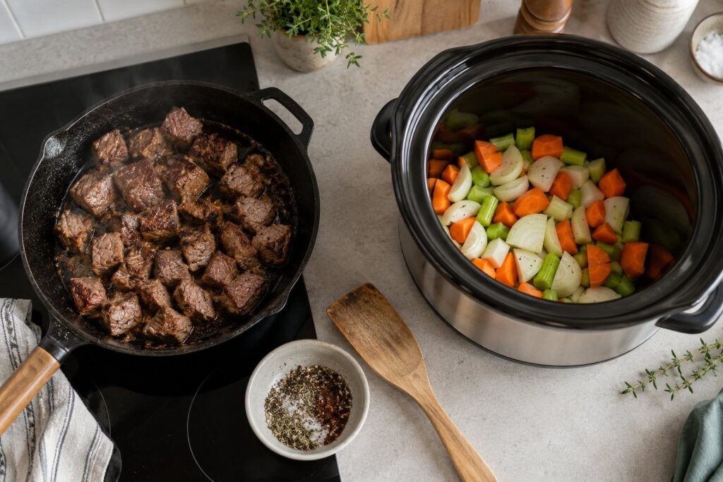 Brunede oksekødsterninger på en pande ved siden af en åben slow cooker med gulerødder og løg i bunden