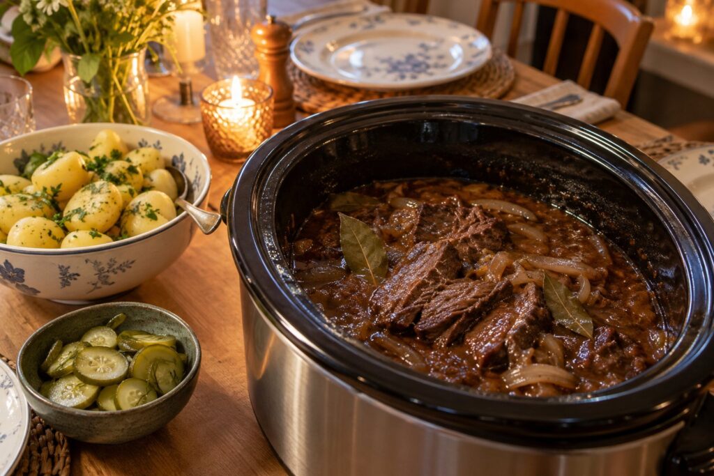 Slow cooker med mørt bankekød i brun sauce på et køkkenbord med kogte kartofler og en skål syltede agurker