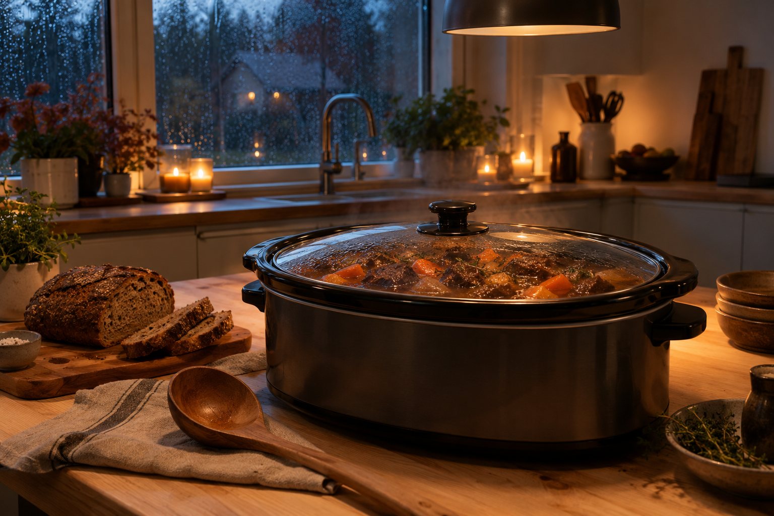 Slow cooker med gryderet under glaslåget på et køkkenbord en mørk efterårsaften