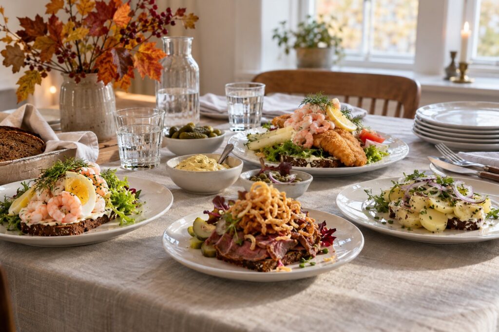 Dækket frokostbord med fade af smørrebrød med rejer, roastbeef og kartoffelmad i en lys dansk spisestue om efteråret