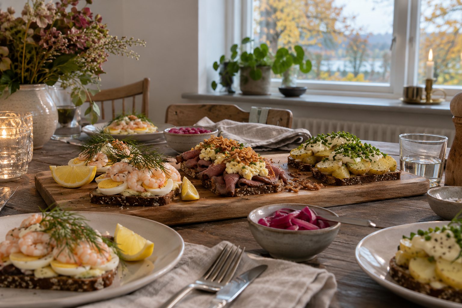 Smørrebrød med æg og rejer, roastbeef og kartoffelmad på et træbræt ved et vindue med efterårstræer