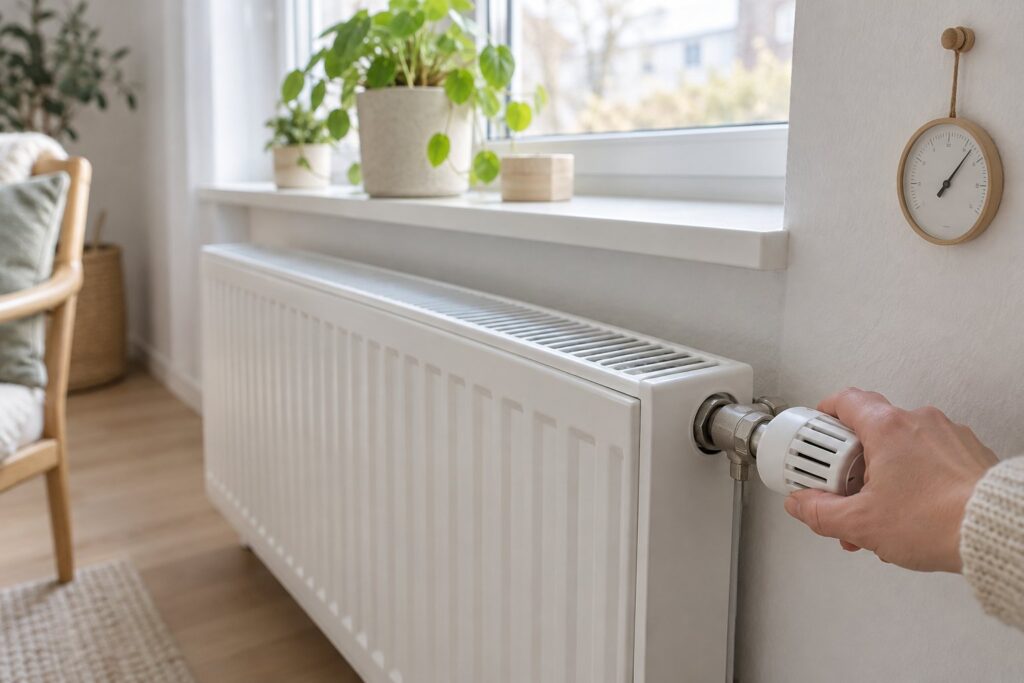 Hånd drejer en hvid radiatortermostat under et vindue i en lys stue med et lille termometer på væggen