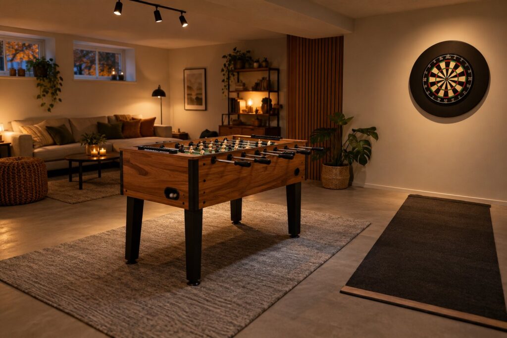 Bordfodboldbord på et stort gulvtæppe og en dartskive med beskyttelsesring på væggen i et hyggeligt kælderrum en efterårsaften
