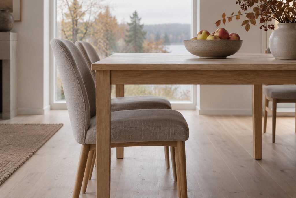 Spisebord i egetræ med polstrede spisestuestole skubbet ind under bordpladen i en lys spisestue en efterårsdag