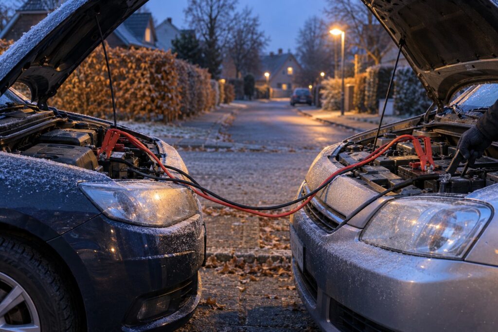 To biler med åbne motorhjelme forbundet med røde og sorte startkabler en frostklar morgen