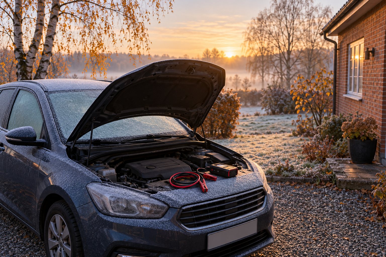 Bil med åben motorhjelm og startkabler i indkørslen til et dansk murstenshus en frostklar oktobermorgen