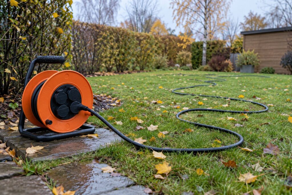 Orange kabeltromle med gummikabel rullet helt ud i løse buer på en fugtig græsplæne en grå efterårsdag